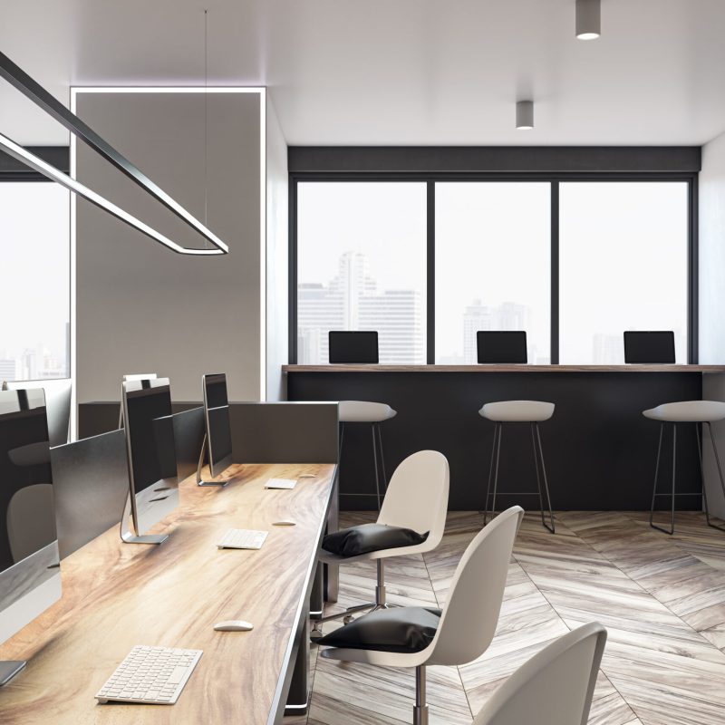 Clean wooden coworking office interior with window and city view, daylight, furniture and equipment. 3D Rendering